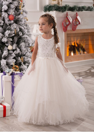 Ivory Satin Ruffle Tulle Beaded Curly Hem Flower Girl Dress